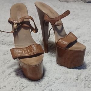 RARE Brown Platform Leather Wooden Stiletto  Heels. Size 8 Womens